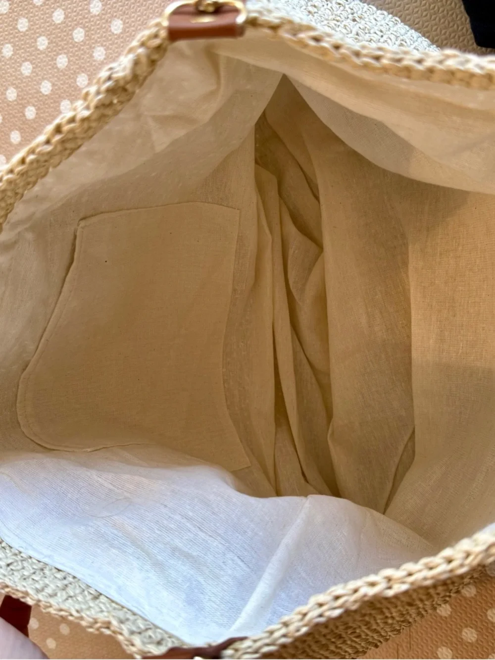 Neutral Woven Tote with Brown Leather Handles - Picture 6 of 6